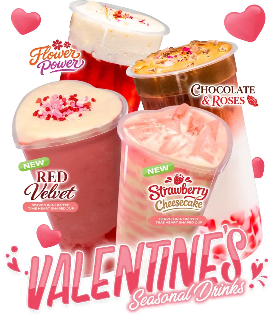 Tea Life Victorville Valentines 2026 Seasonal Drinks - Red Velvet, Strawberry Cheesecake, Chocolate and Roses and Flower Power Hero Image